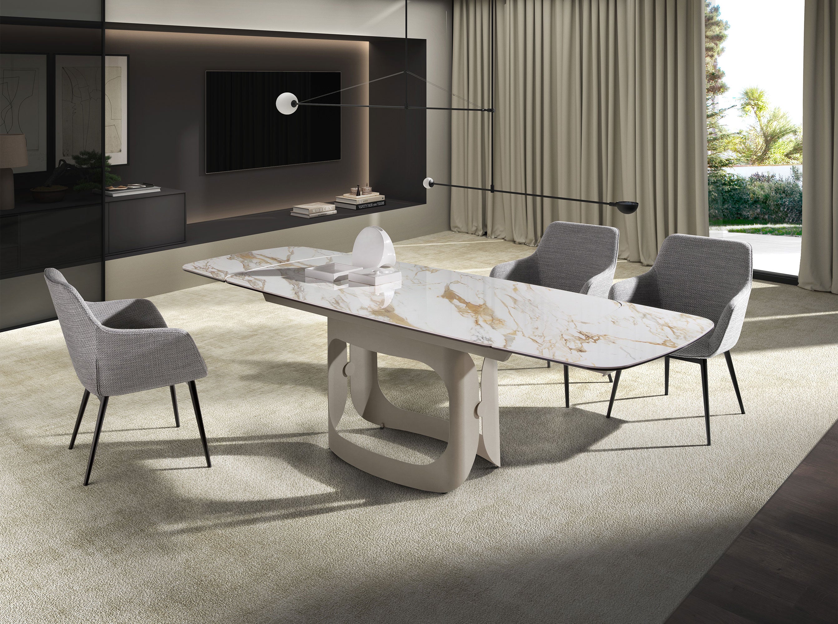Oval extendable dining table with porcelain marble and metallic sand steel