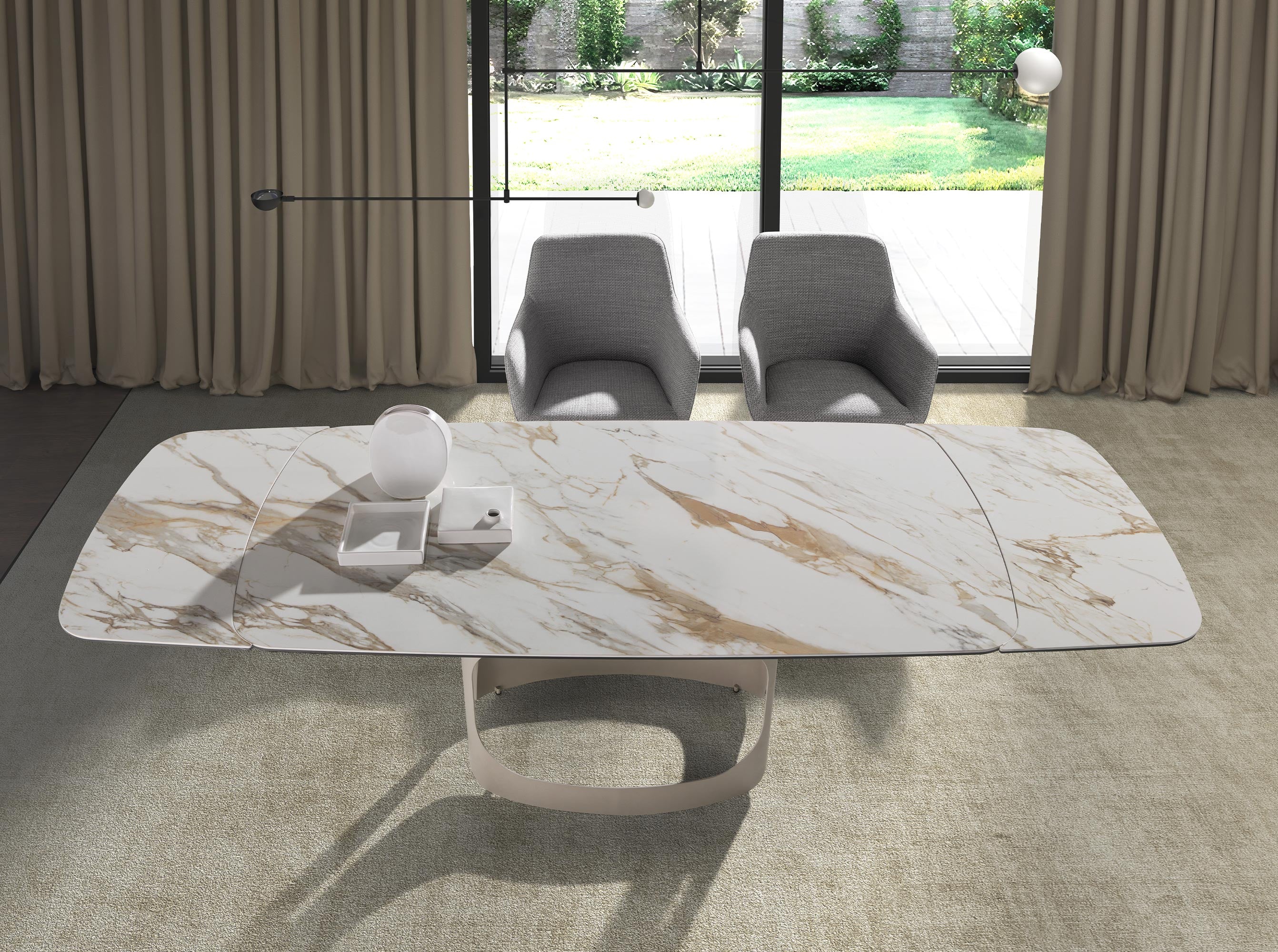 Oval extendable dining table with porcelain marble and metallic sand steel