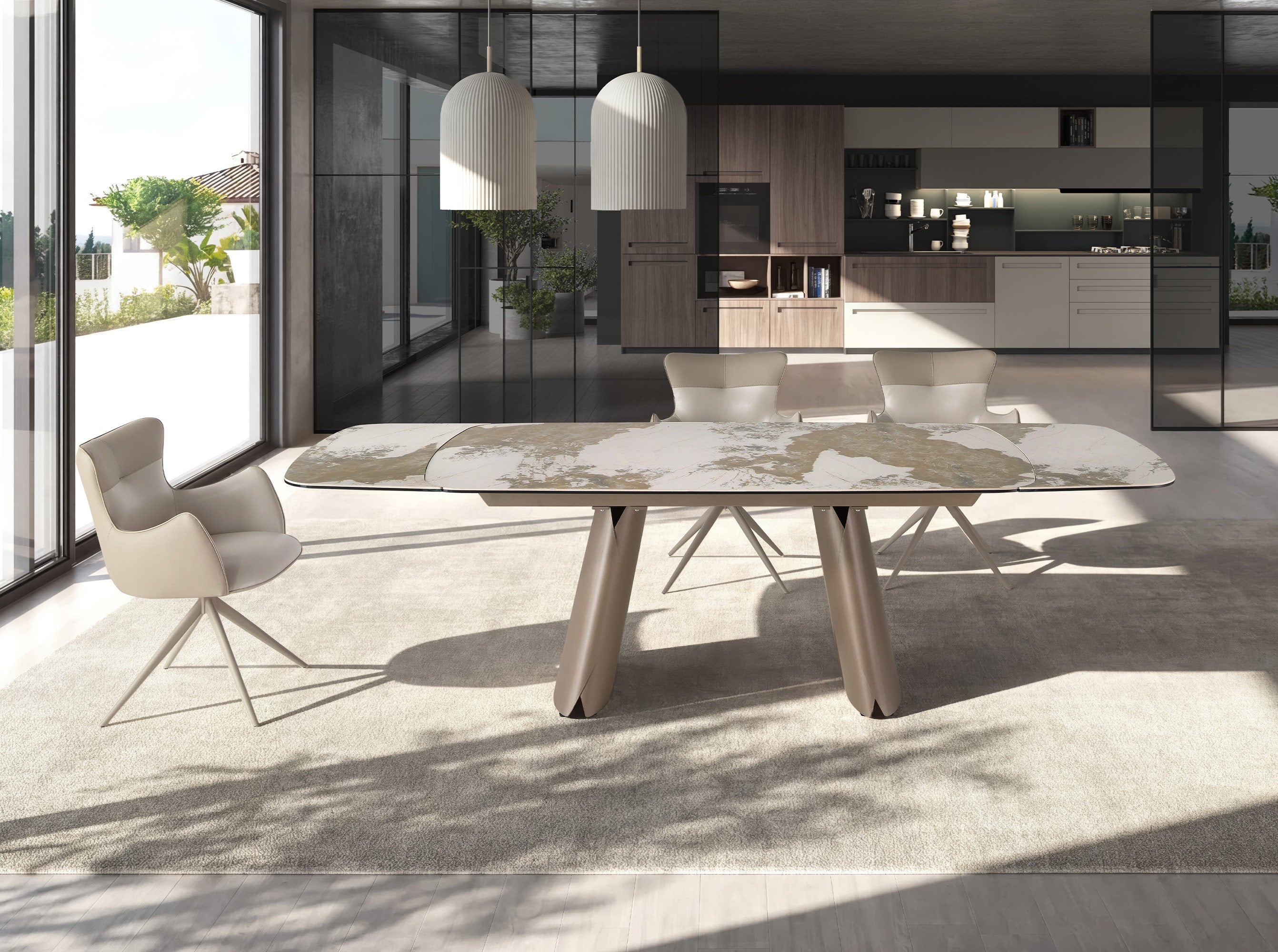 Extendable barrel-shaped oval dining table in porcelain marble and metallic taupe steel