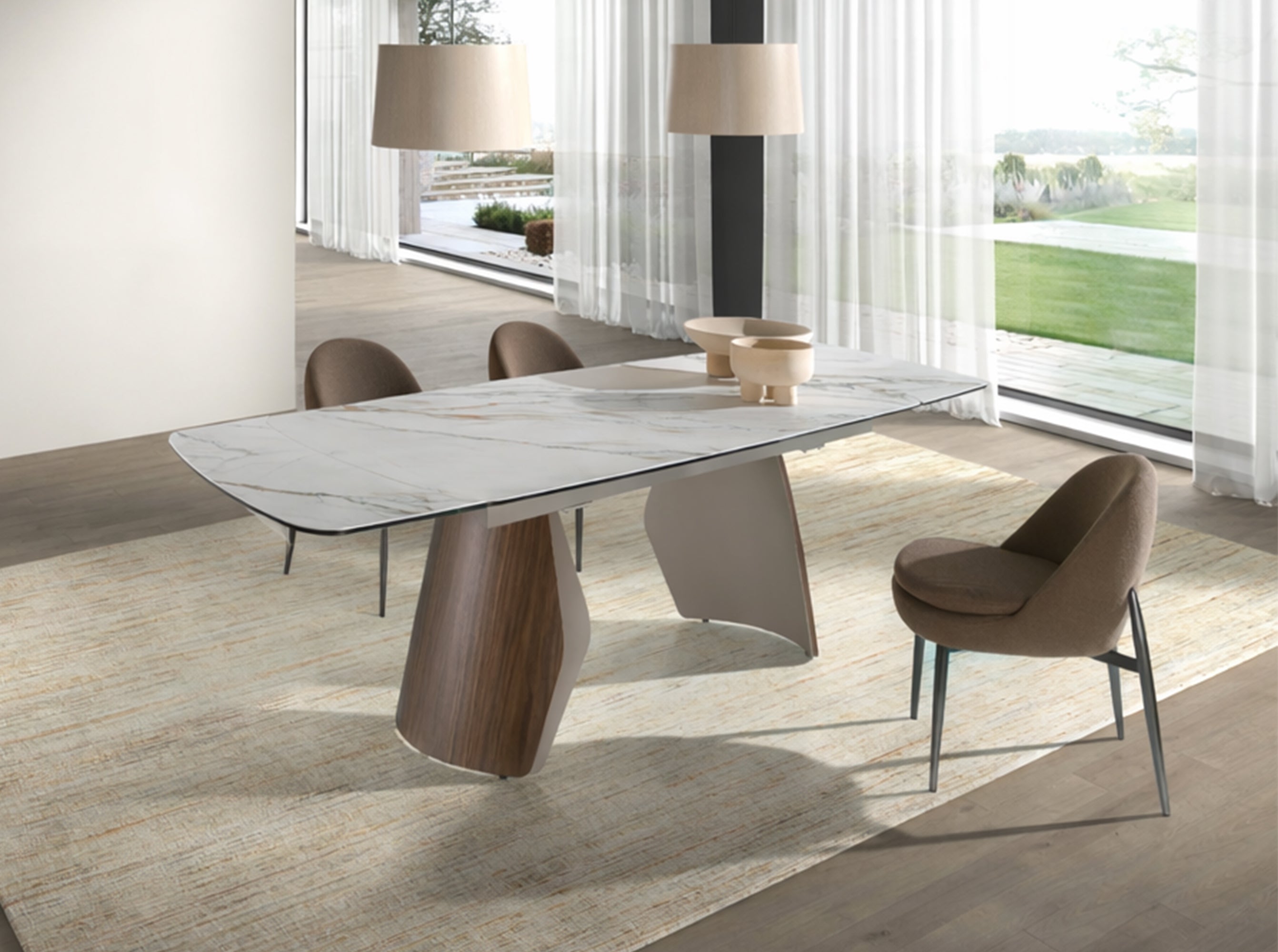 Oval barrel-shaped extendable dining table with porcelain marble top, metallic sand-coloured steel and walnut wood