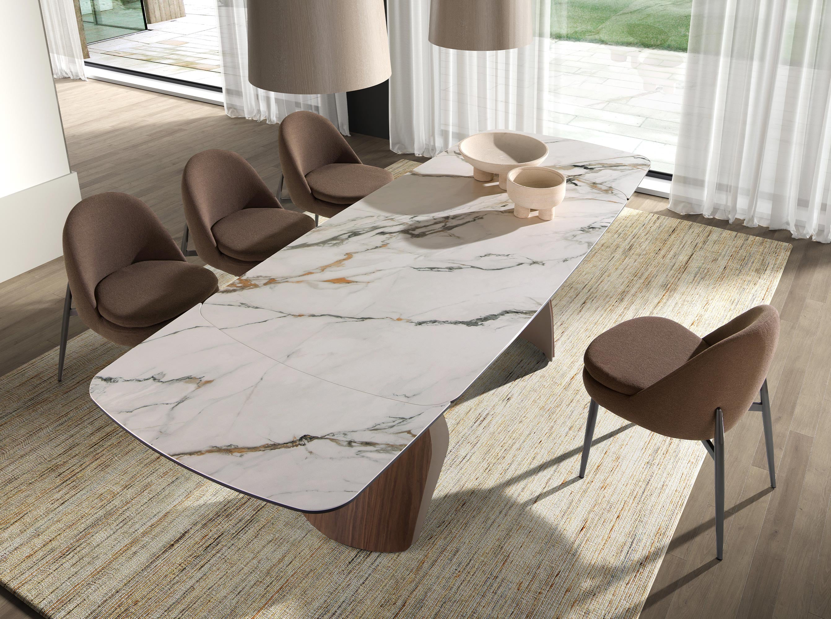 Oval barrel-shaped extendable dining table with porcelain marble top, metallic sand-coloured steel and walnut wood