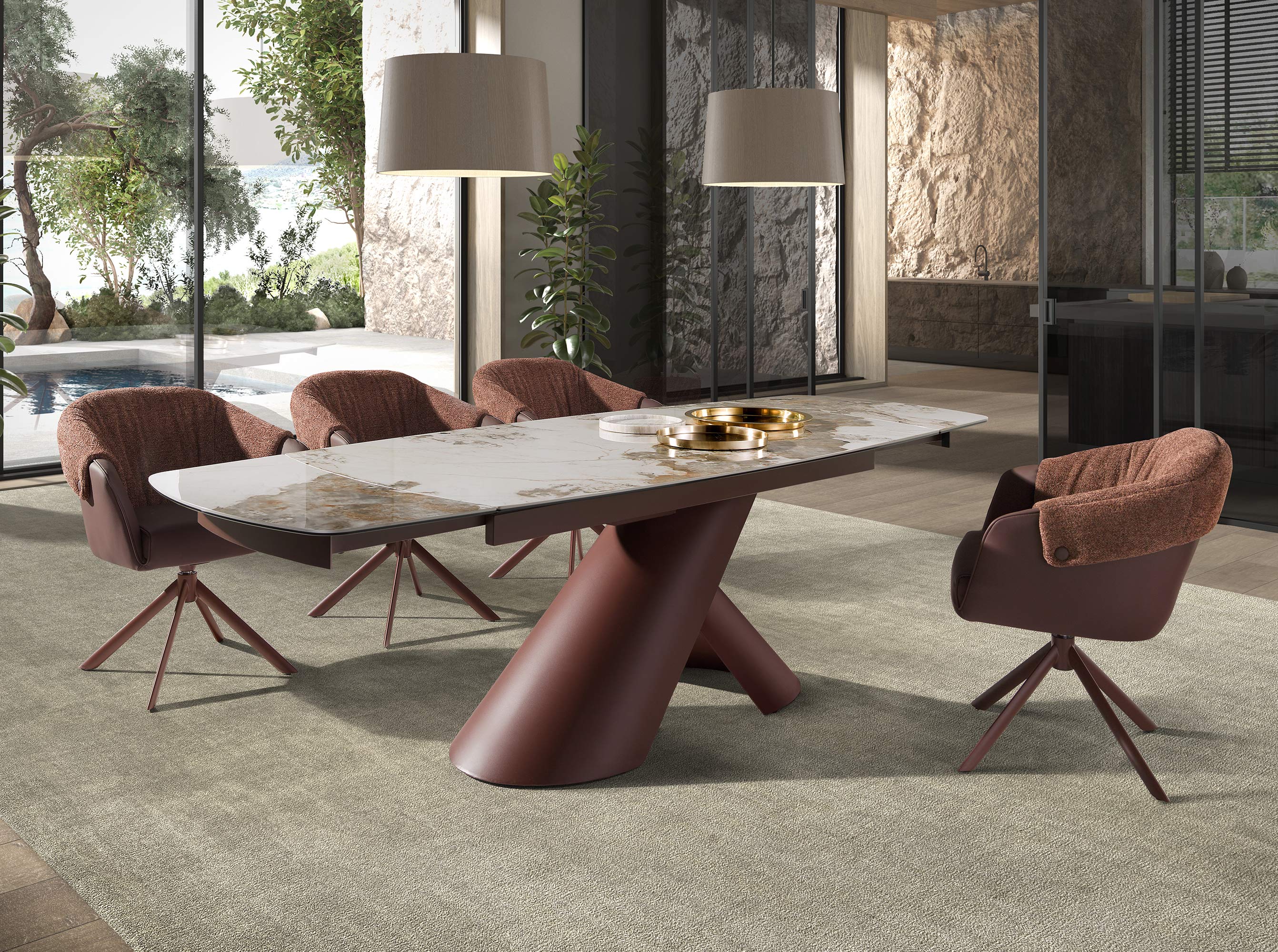 Extendable barrel oval dining table in porcelain marble and copper-brown steel