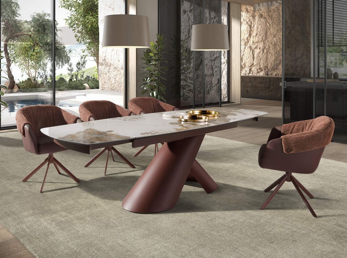 Extendable barrel oval dining table in porcelain marble and copper-brown steel