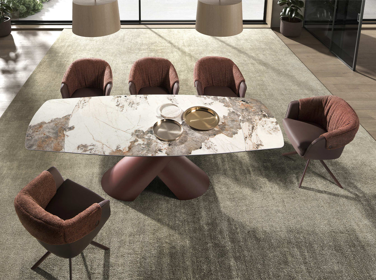 Extendable barrel oval dining table in porcelain marble and copper-brown steel