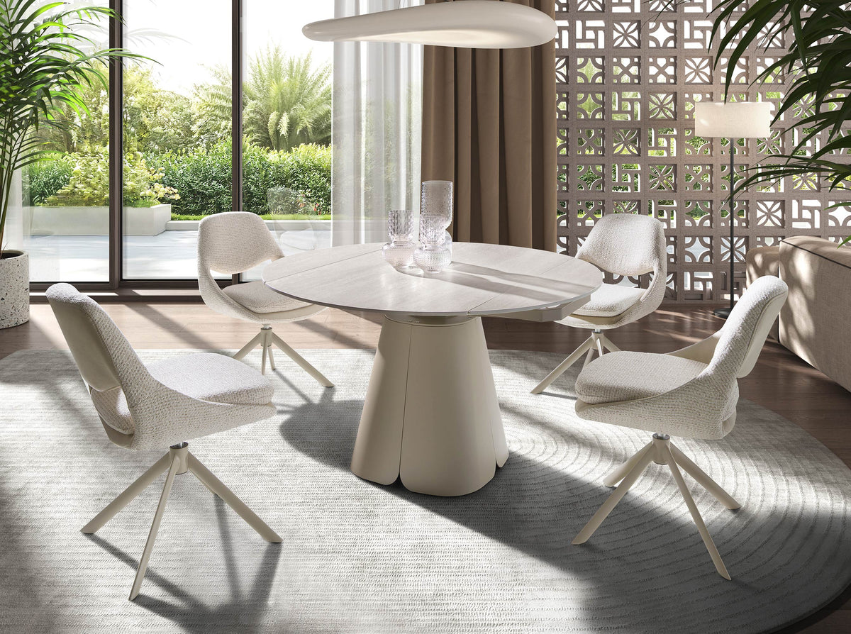 Extendable round dining table in porcelain marble and sand-coloured steel