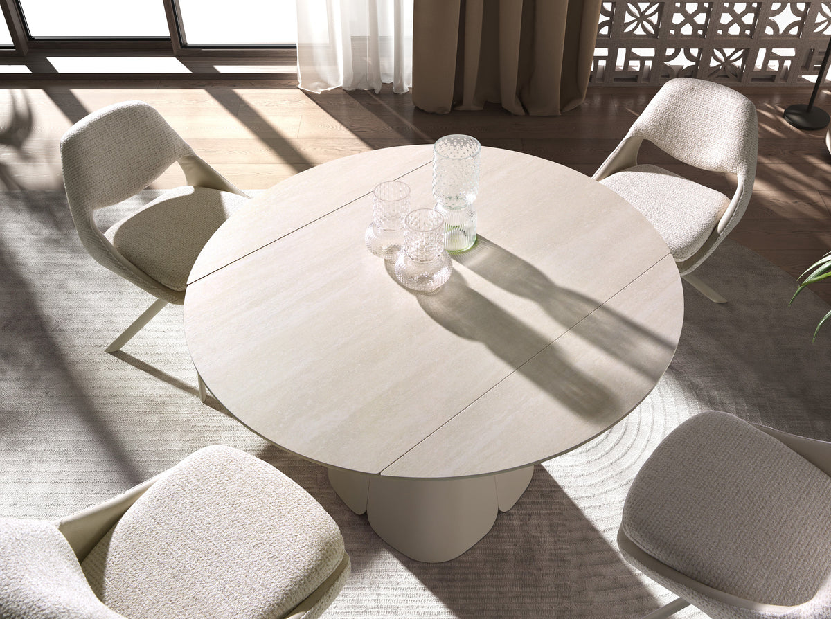 Extendable round dining table in porcelain marble and sand-coloured steel