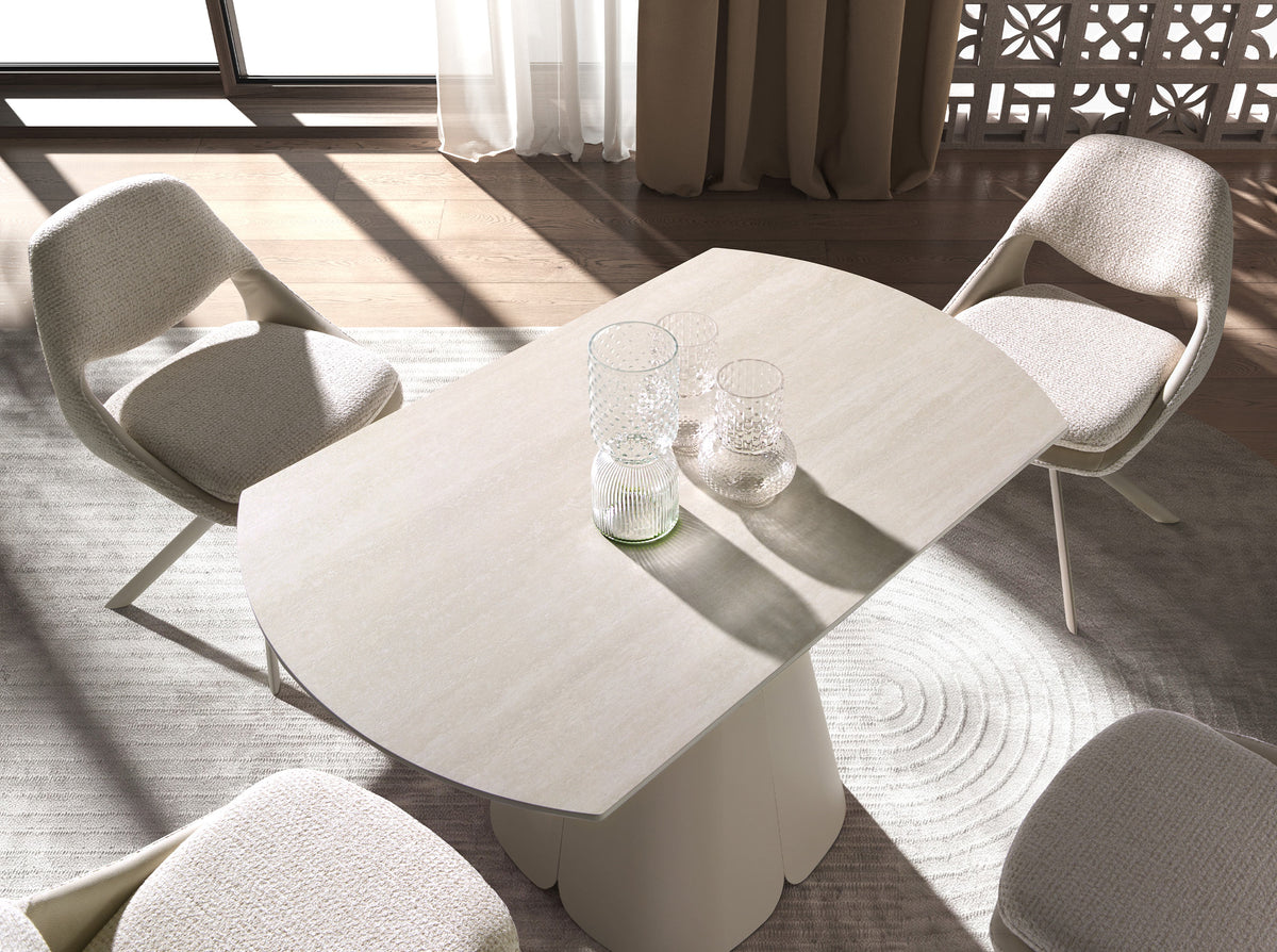 Extendable round dining table in porcelain marble and sand-coloured steel