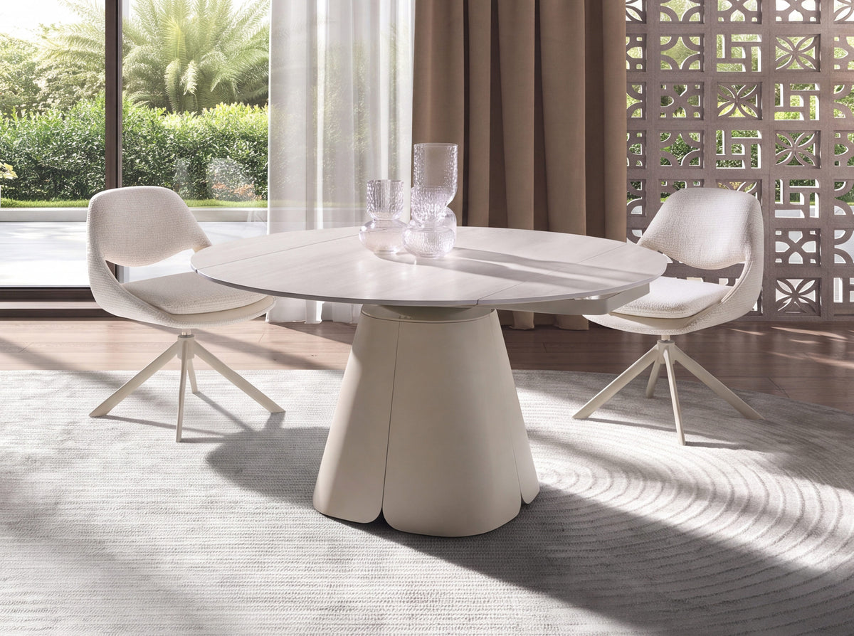 Extendable round dining table in porcelain marble and sand-coloured steel