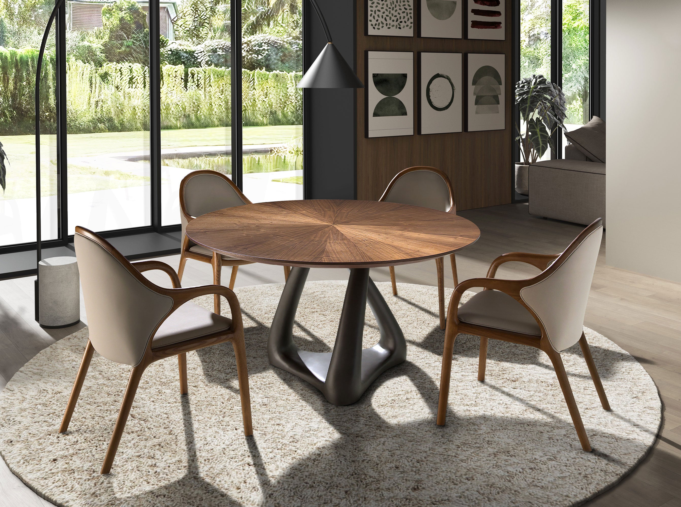 Round dining table in walnut, dark grey fiberglass and metal