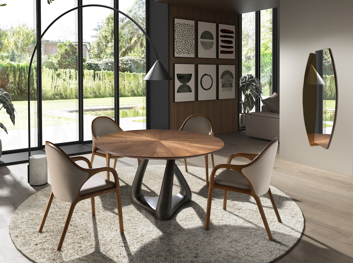 Round dining table in walnut, dark grey fiberglass and metal