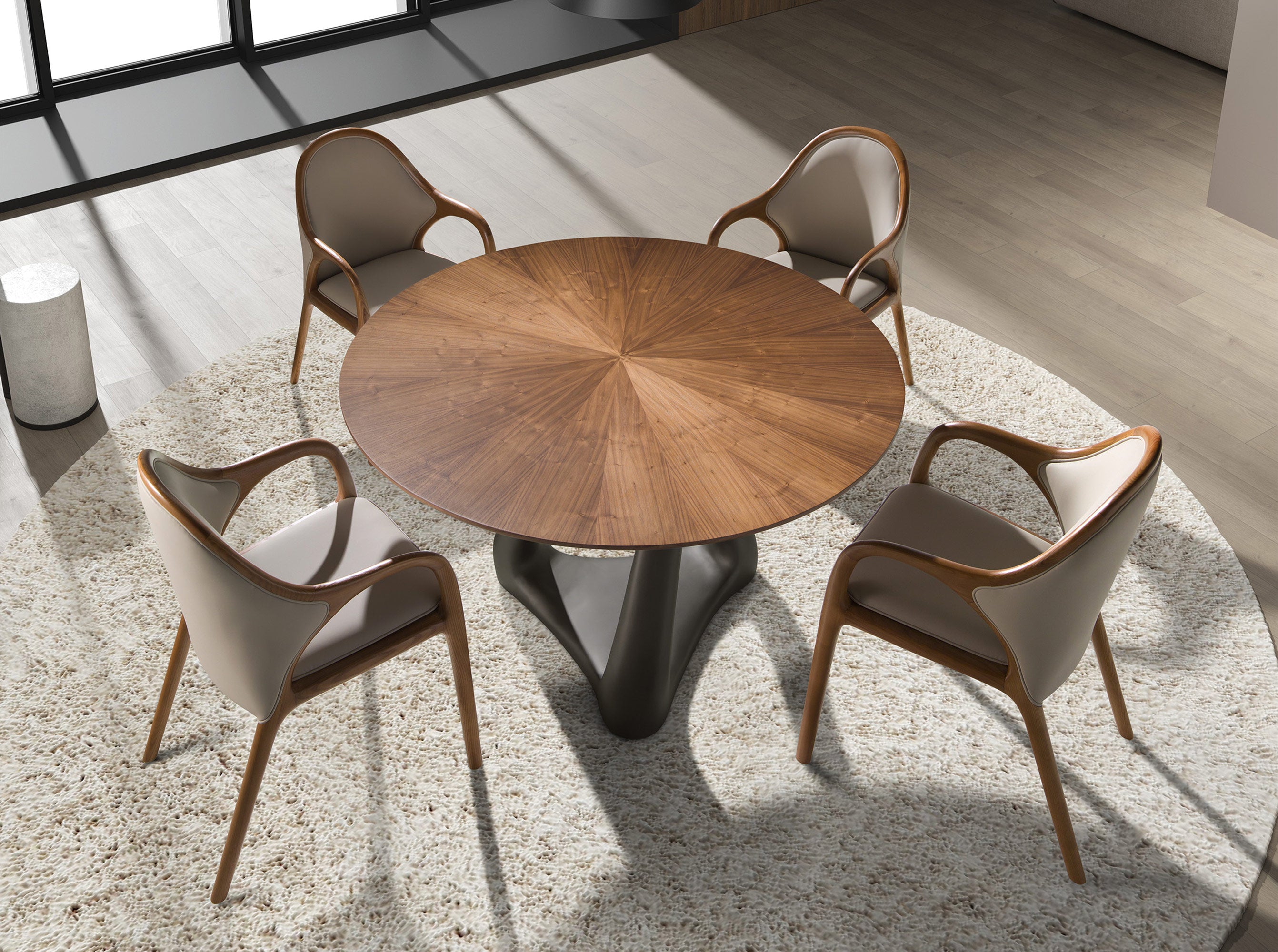 Round dining table in walnut, dark grey fiberglass and metal