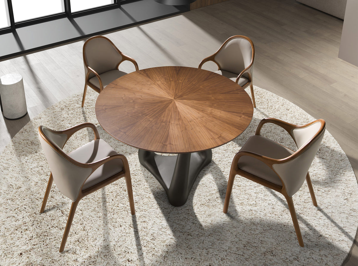 Round dining table in walnut, dark grey fiberglass and metal