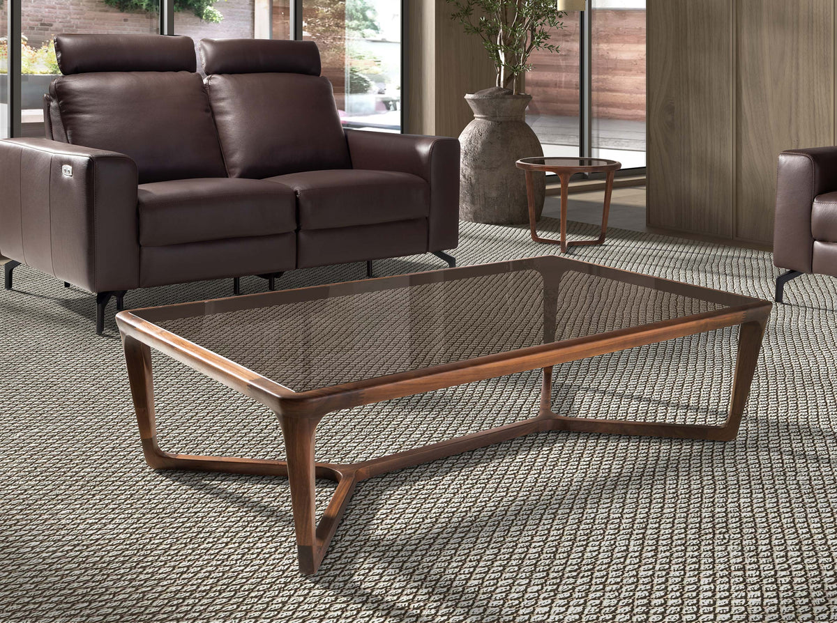 Rectangular coffee table in smoked brown glass and walnut