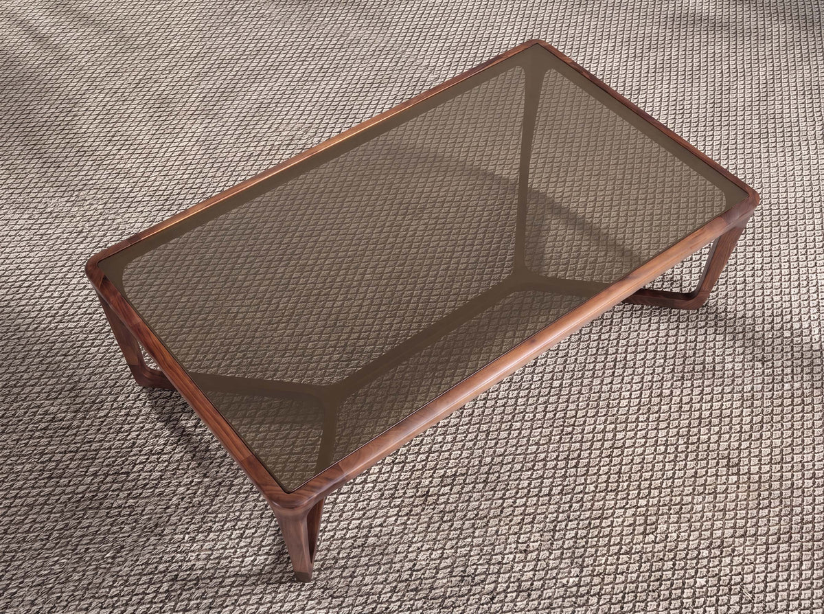 Rectangular coffee table in smoked brown glass and walnut