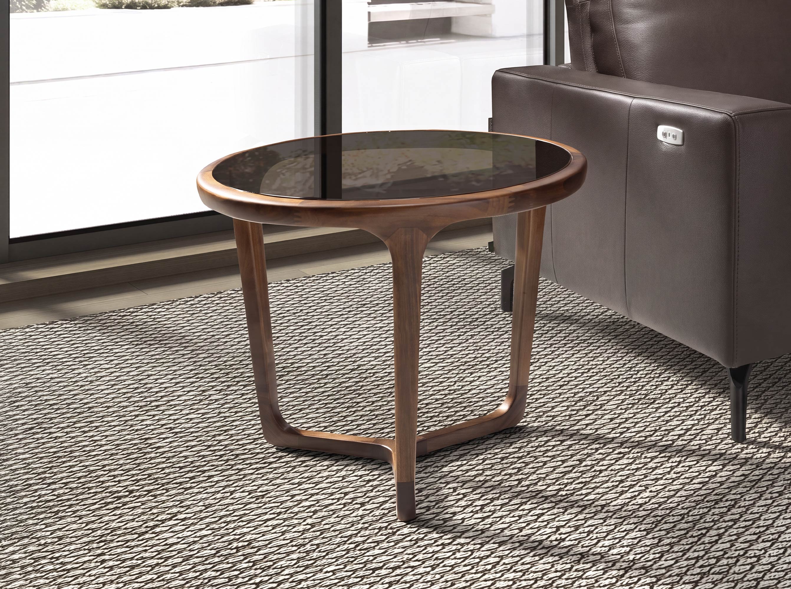 Round Brown Smoked Glass and Walnut Side Table