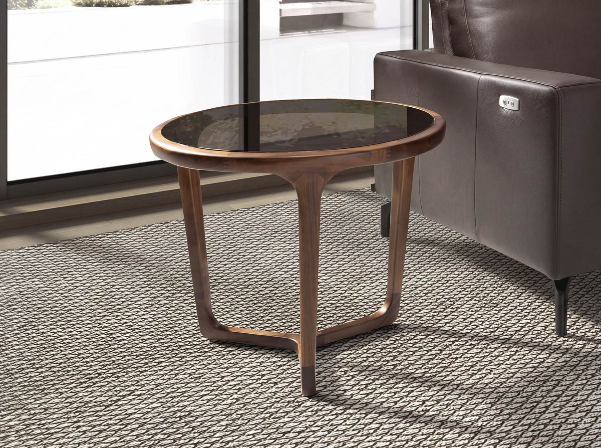 Round Brown Smoked Glass and Walnut Side Table