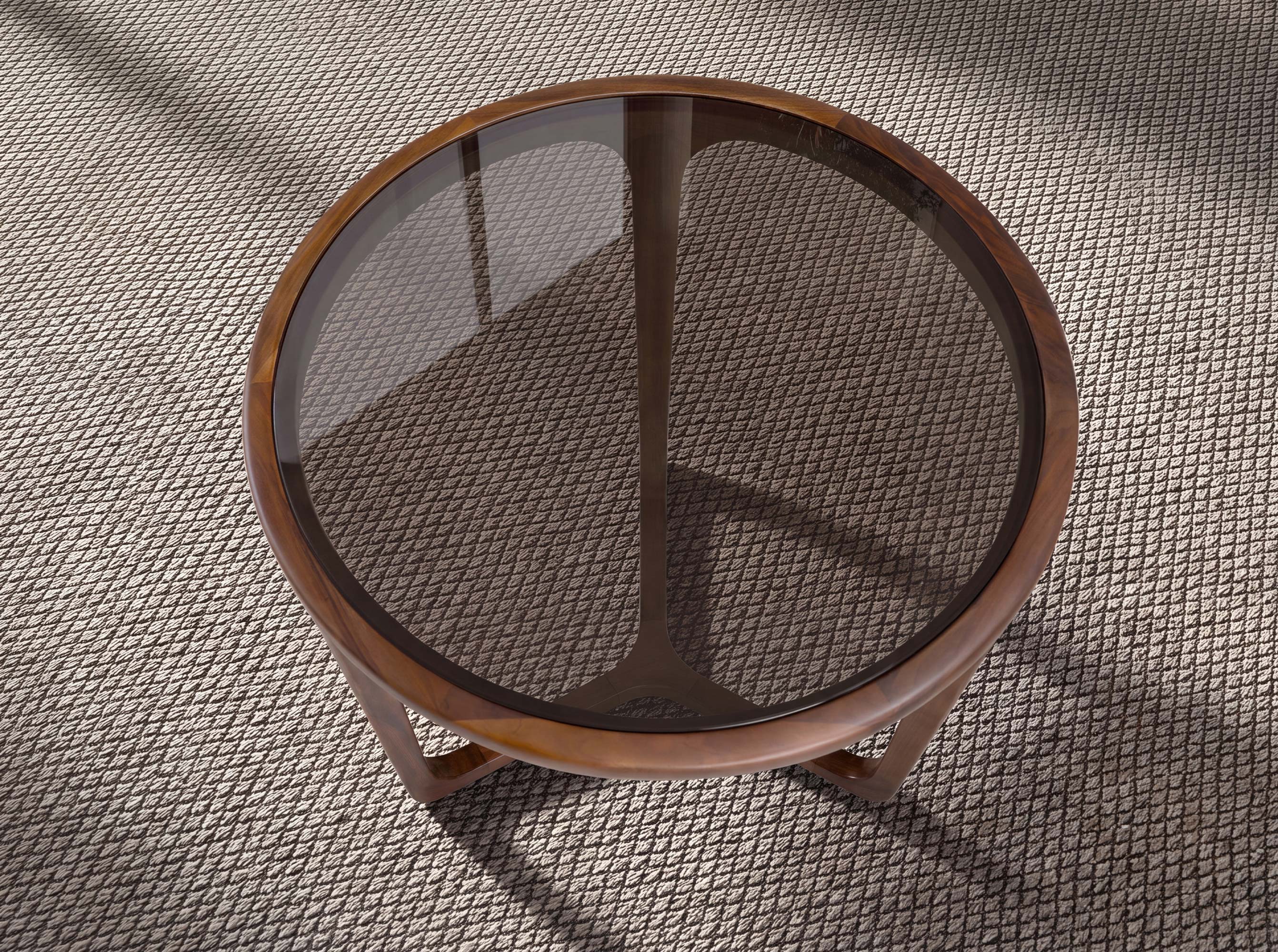 Round Brown Smoked Glass and Walnut Side Table