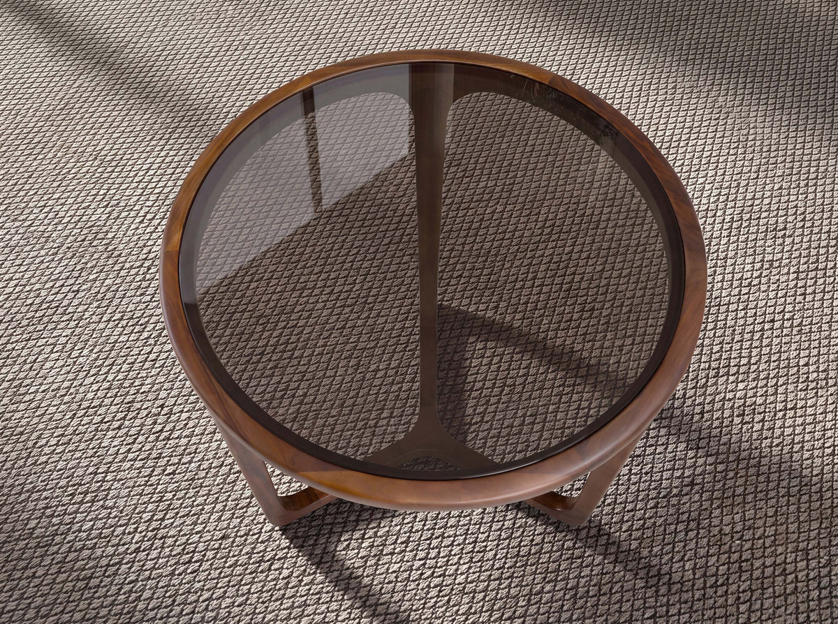 Round Brown Smoked Glass and Walnut Side Table