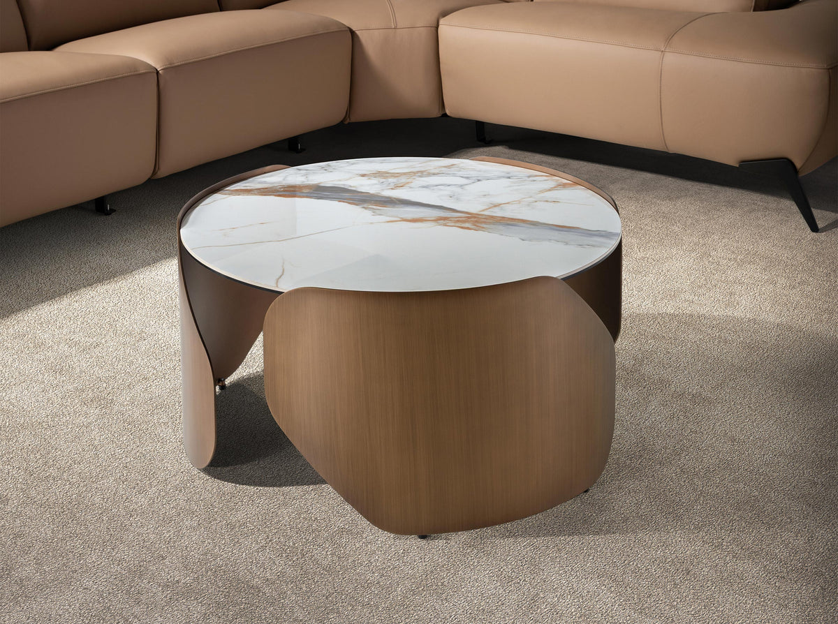 Round centre table in porcelain marble and bronze-coloured steel