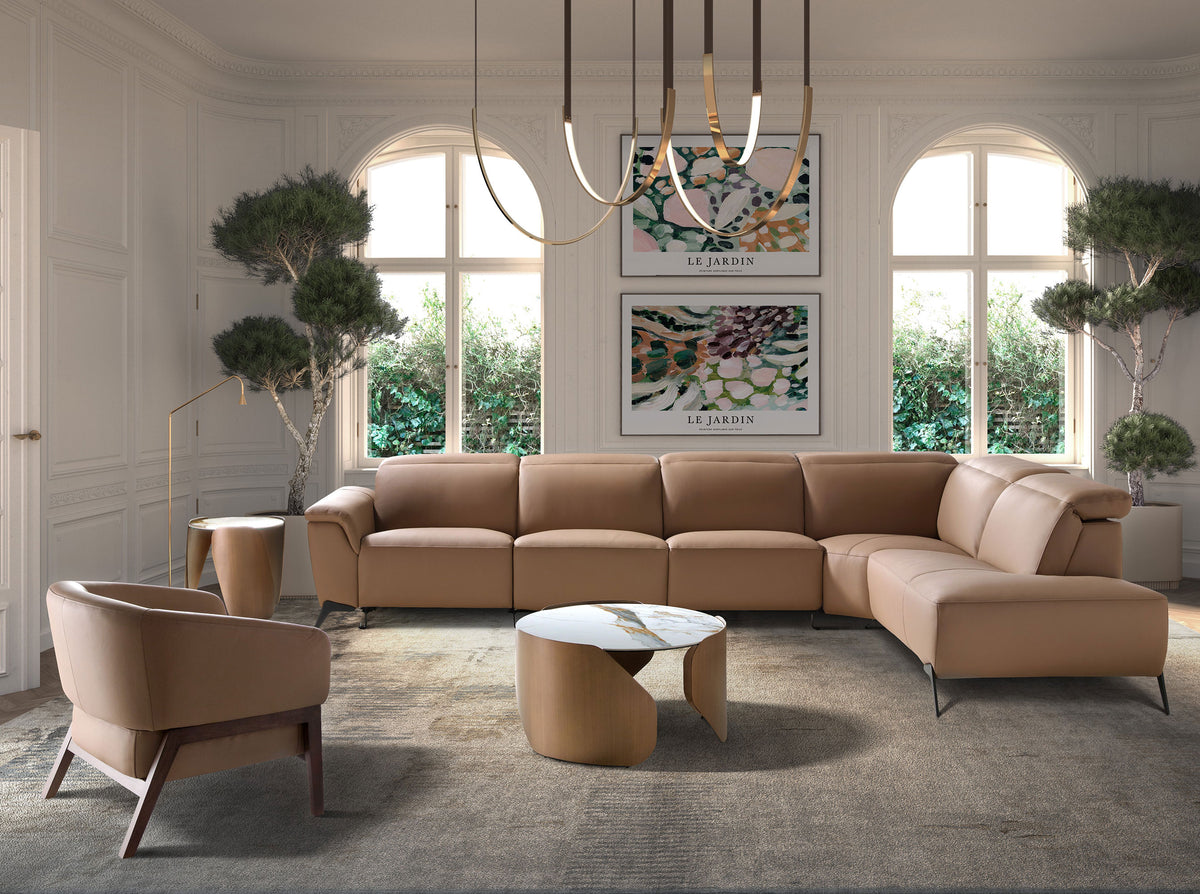 Round centre table in porcelain marble and bronze-coloured steel