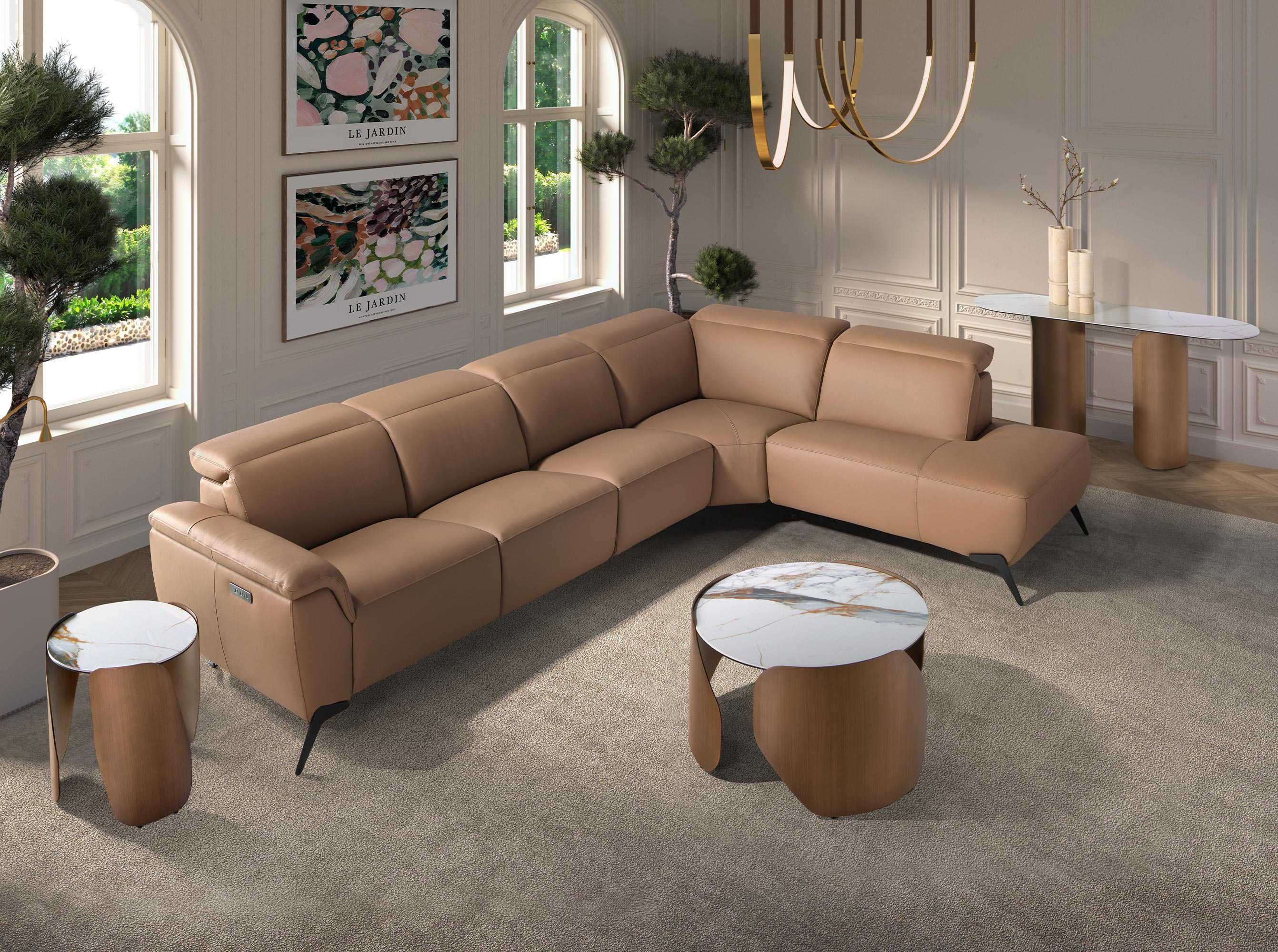 Round centre table in porcelain marble and bronze-coloured steel