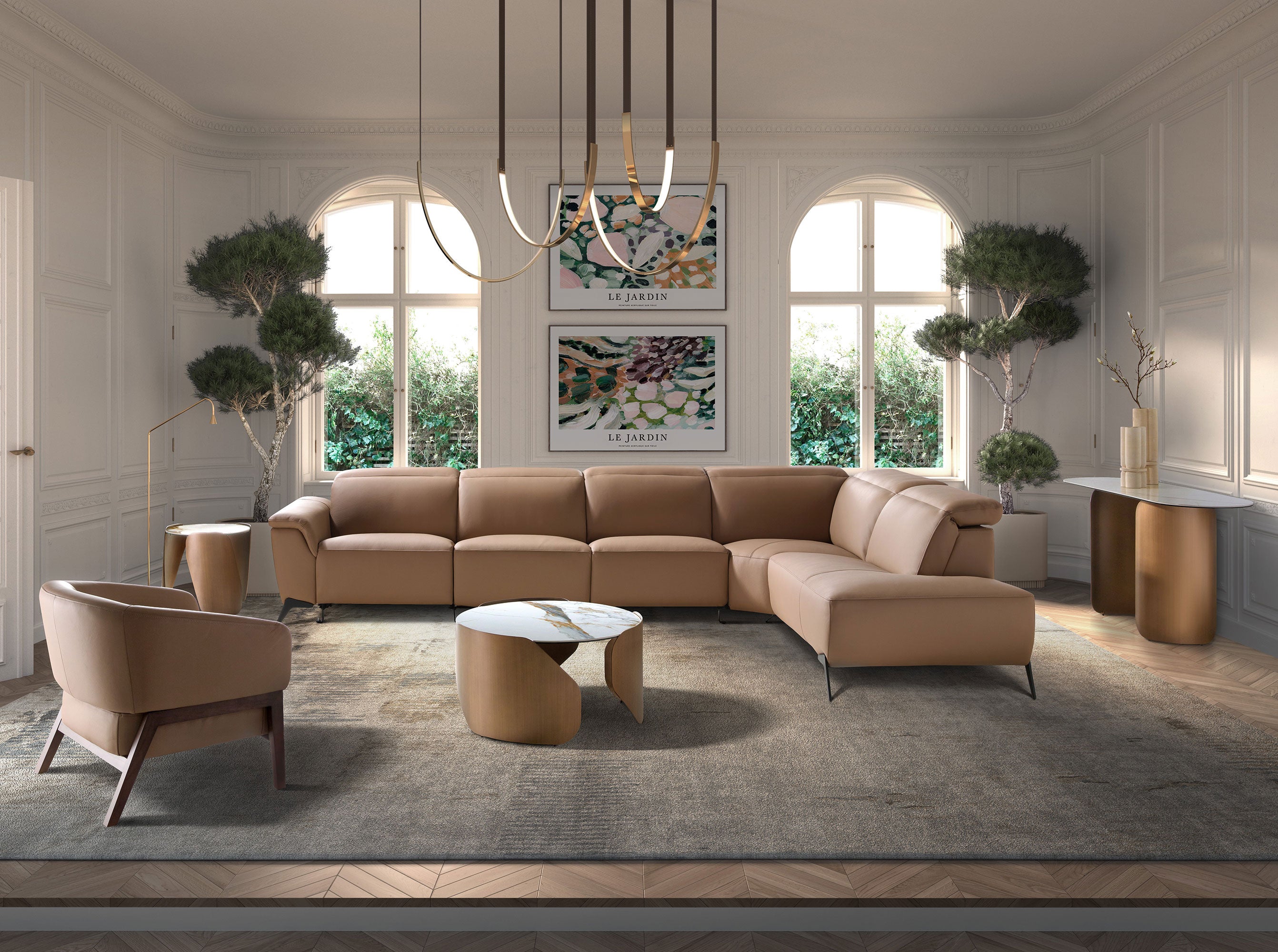 Round corner table in porcelain marble and bronze-coloured steel