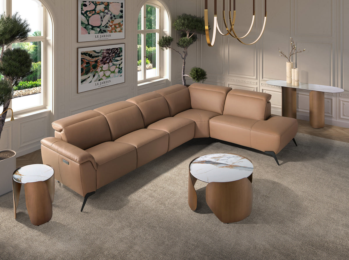Round corner table in porcelain marble and bronze-coloured steel