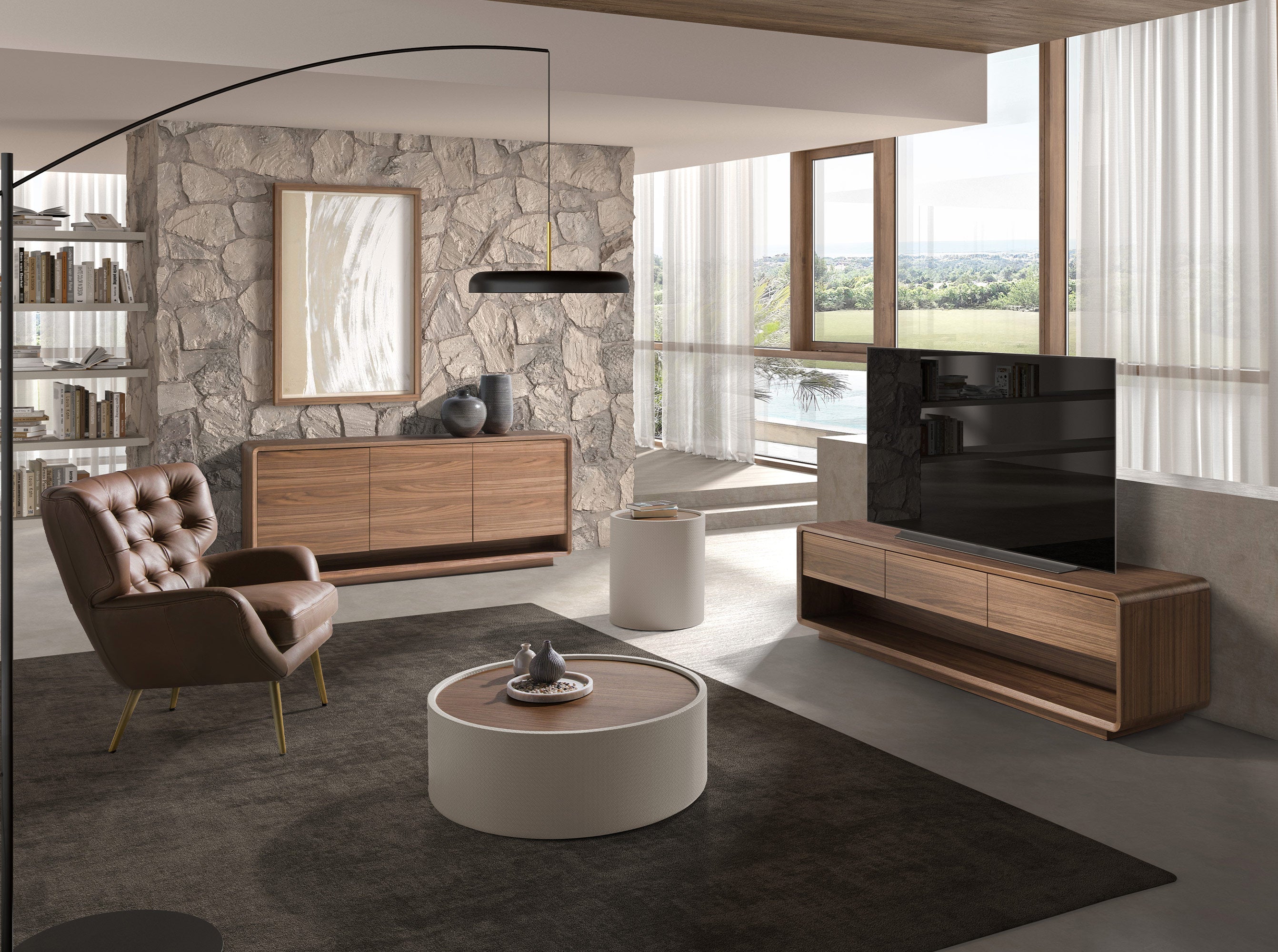 Round coffee table in walnut and wood upholstered in sand-coloured leatherette
