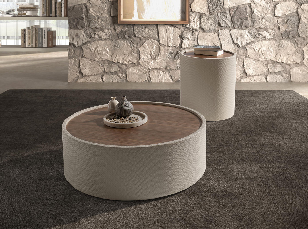 Round side table in walnut, walnut and wood upholstered in sand-coloured leatherette
