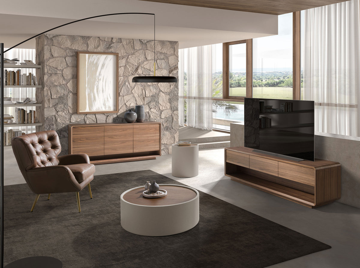 Round side table in walnut, walnut and wood upholstered in sand-coloured leatherette