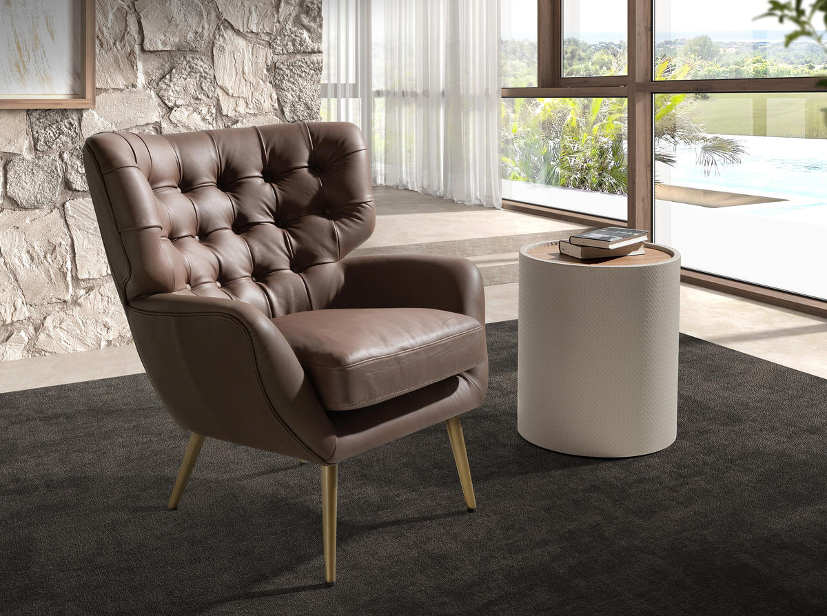 Round side table in walnut, walnut and wood upholstered in sand-coloured leatherette