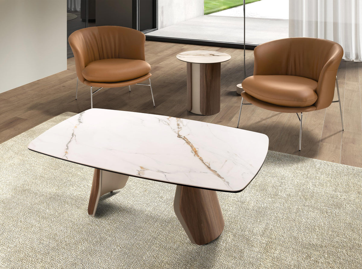 Round corner table in porcelain marble, metallic sand steel and walnut