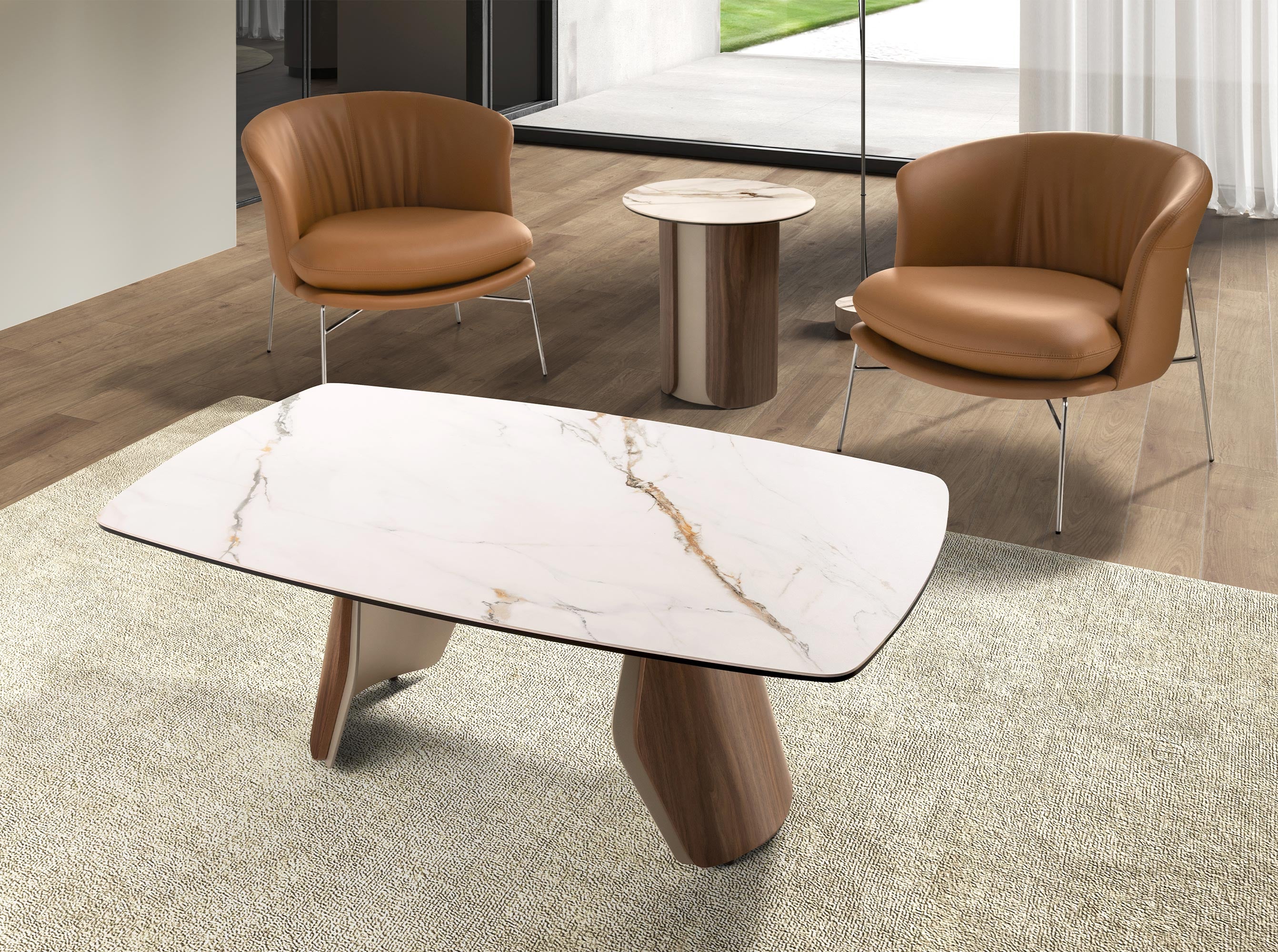 Oval barrel coffee table in porcelain marble, metallic sand steel and walnut