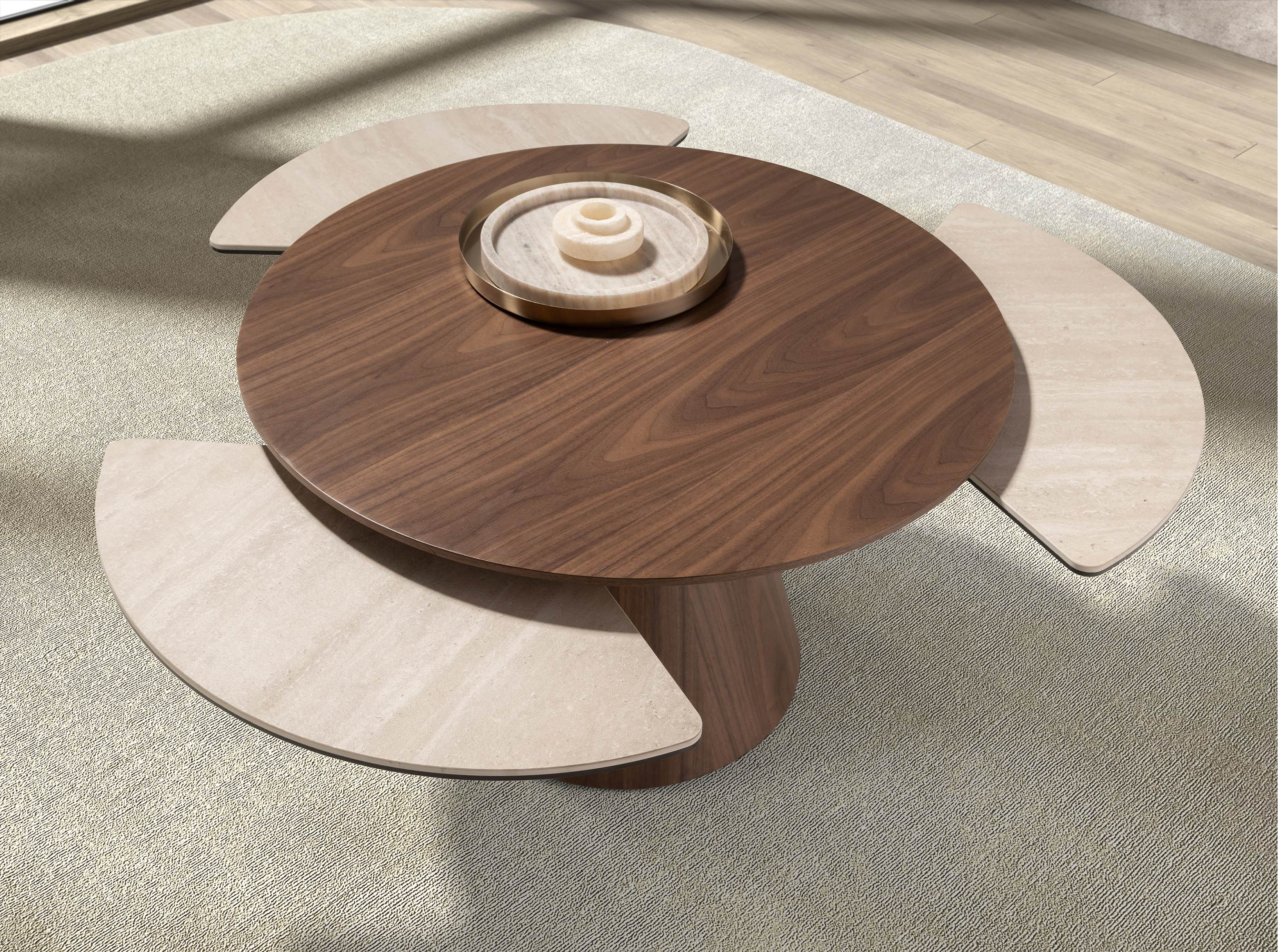 Extendable round coffee table in walnut and porcelain marble
