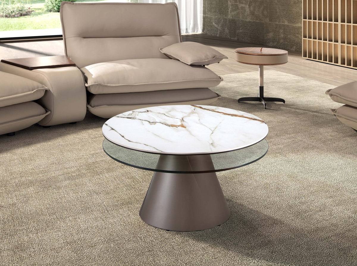 Extendable round coffee table in tempered glass, porcelain marble and silver-grey steel