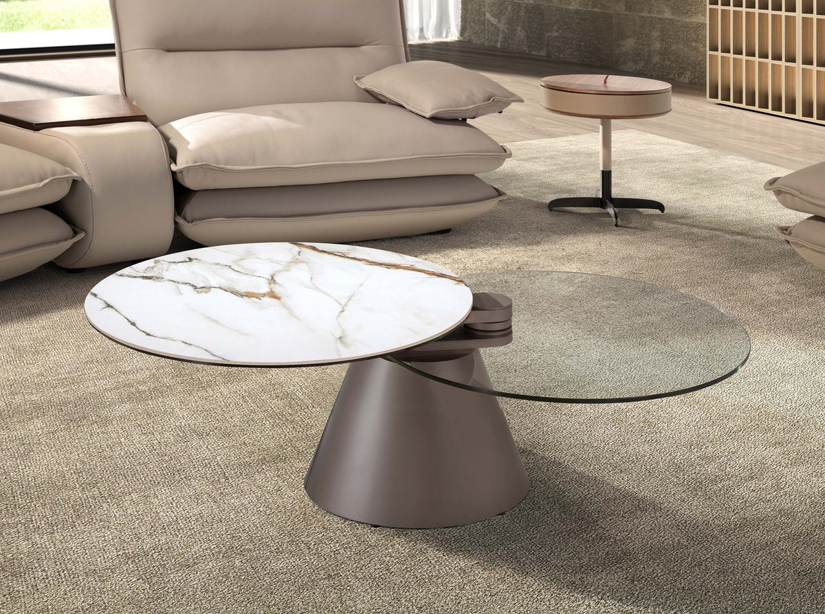 Extendable round coffee table in tempered glass, porcelain marble and silver-grey steel
