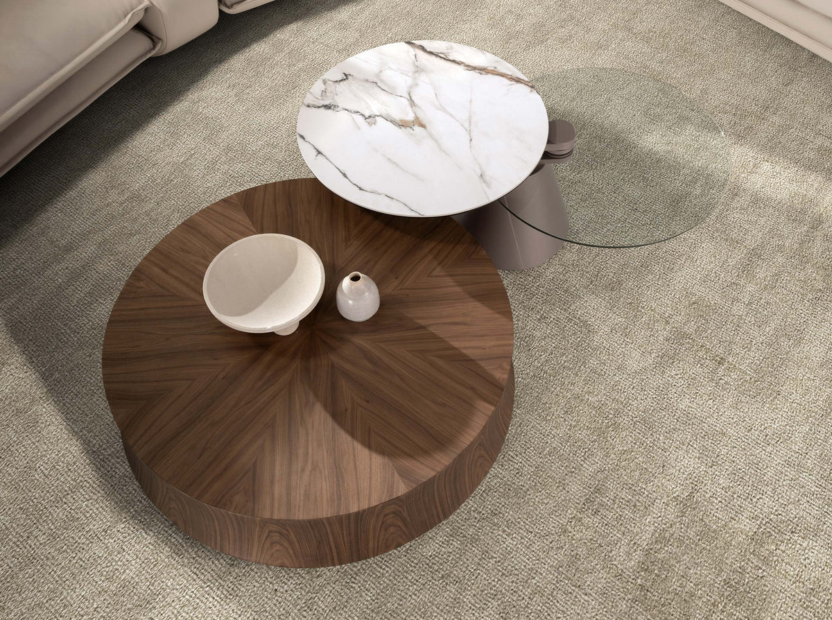 Extendable round coffee table in tempered glass, porcelain marble and silver-grey steel