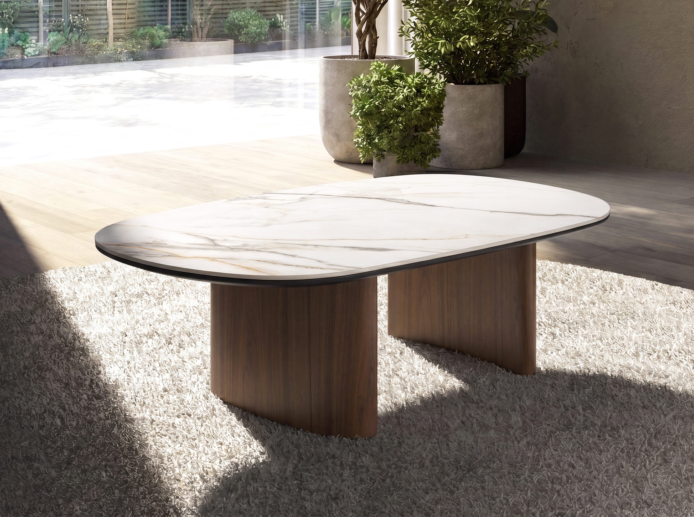 Organic-Shaped Porcelain Marble and Walnut Coffee Table