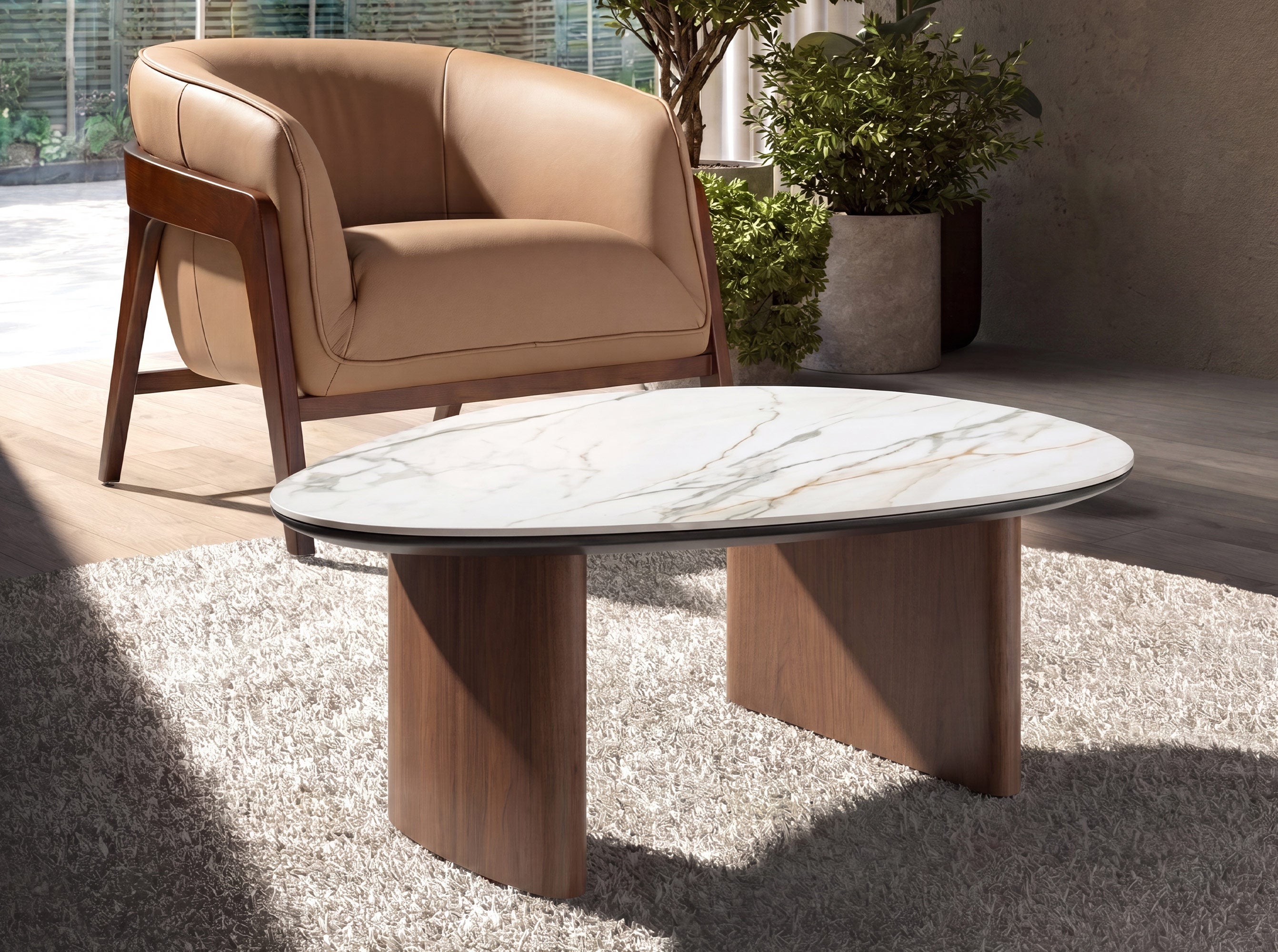Organic-shape coffee table in porcelain marble and walnut