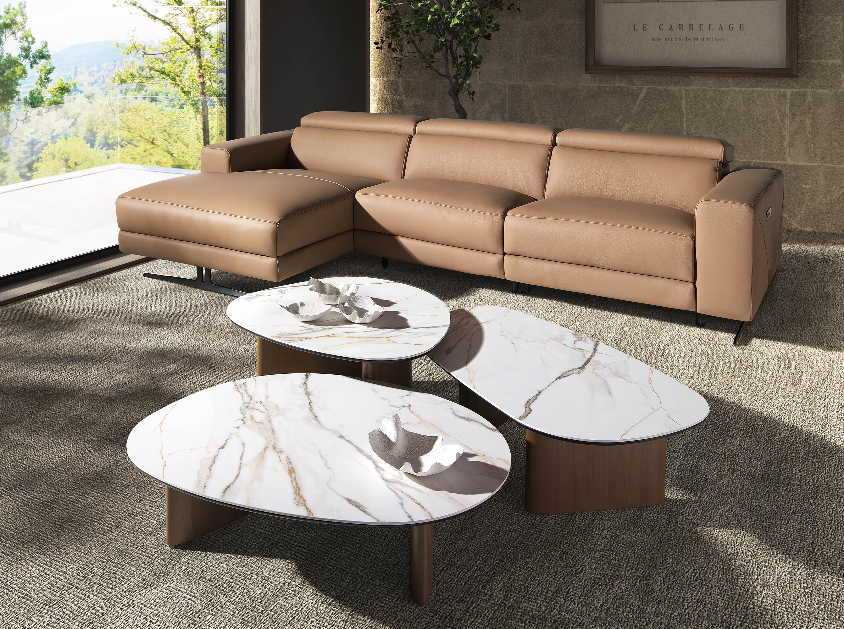 Organic-shape coffee table in porcelain marble and walnut