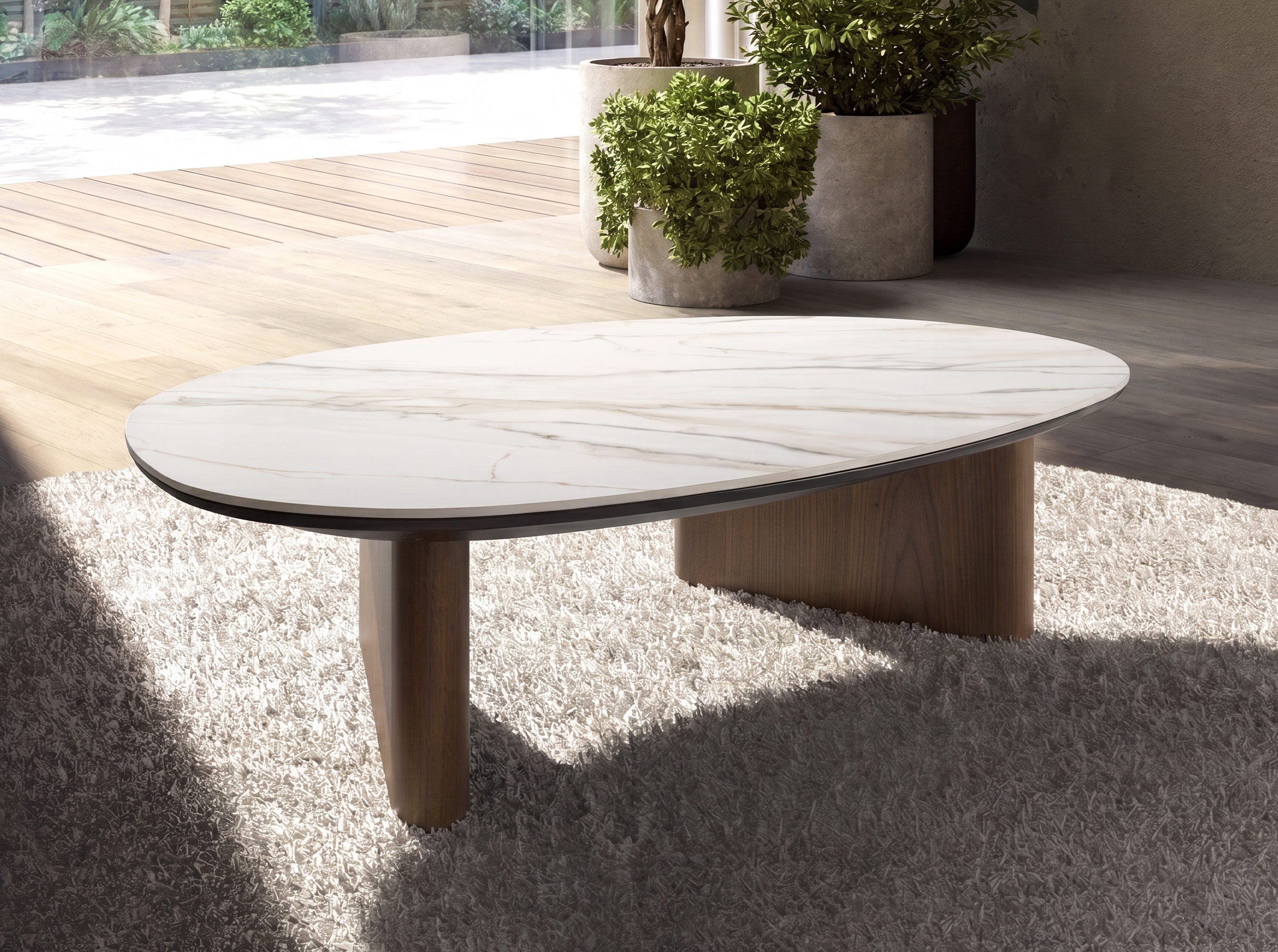 Organic-Shaped Porcelain Marble and Walnut Coffee Table