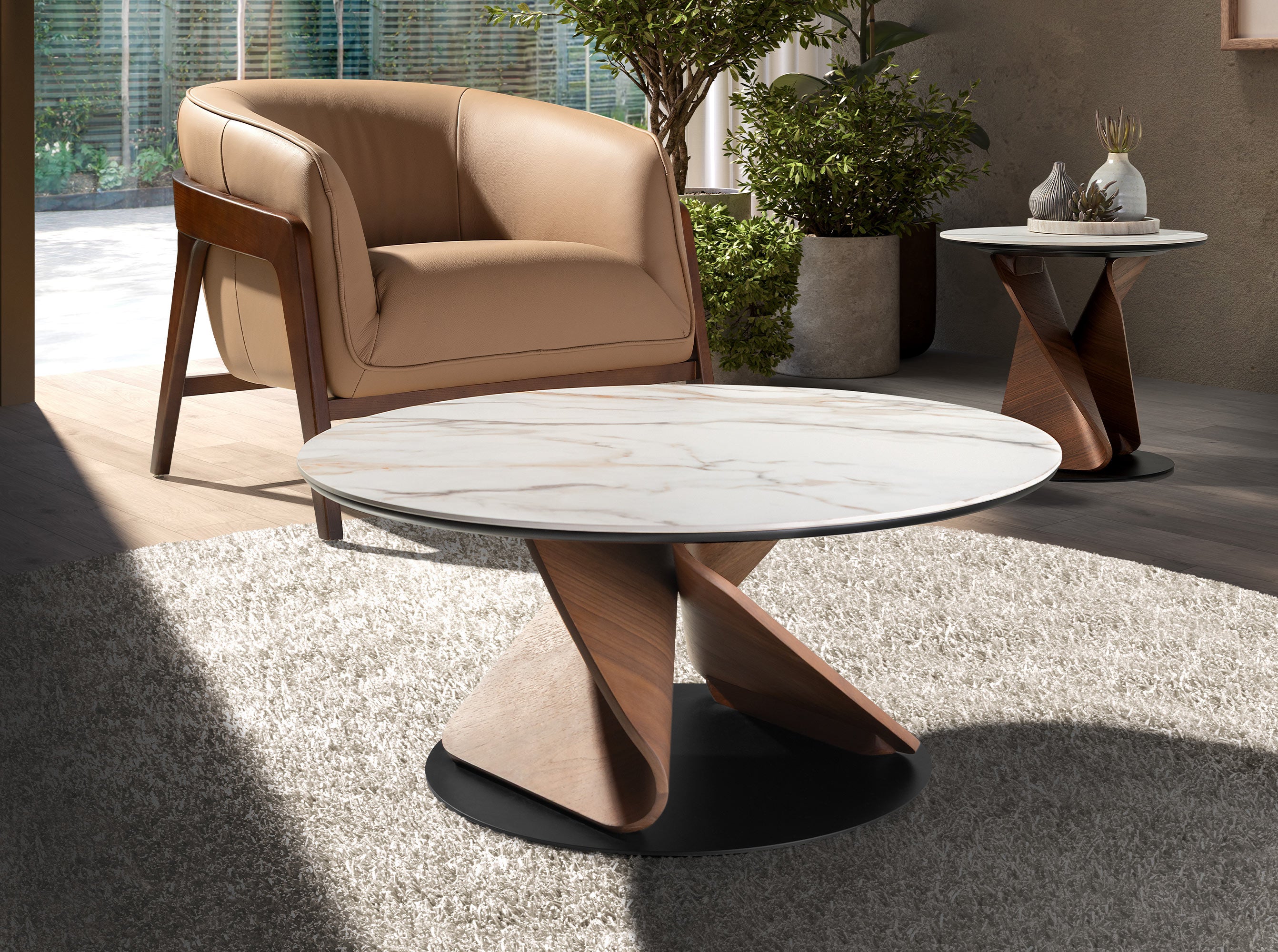Round Porcelain Marble, Walnut and Black Steel Coffee Table