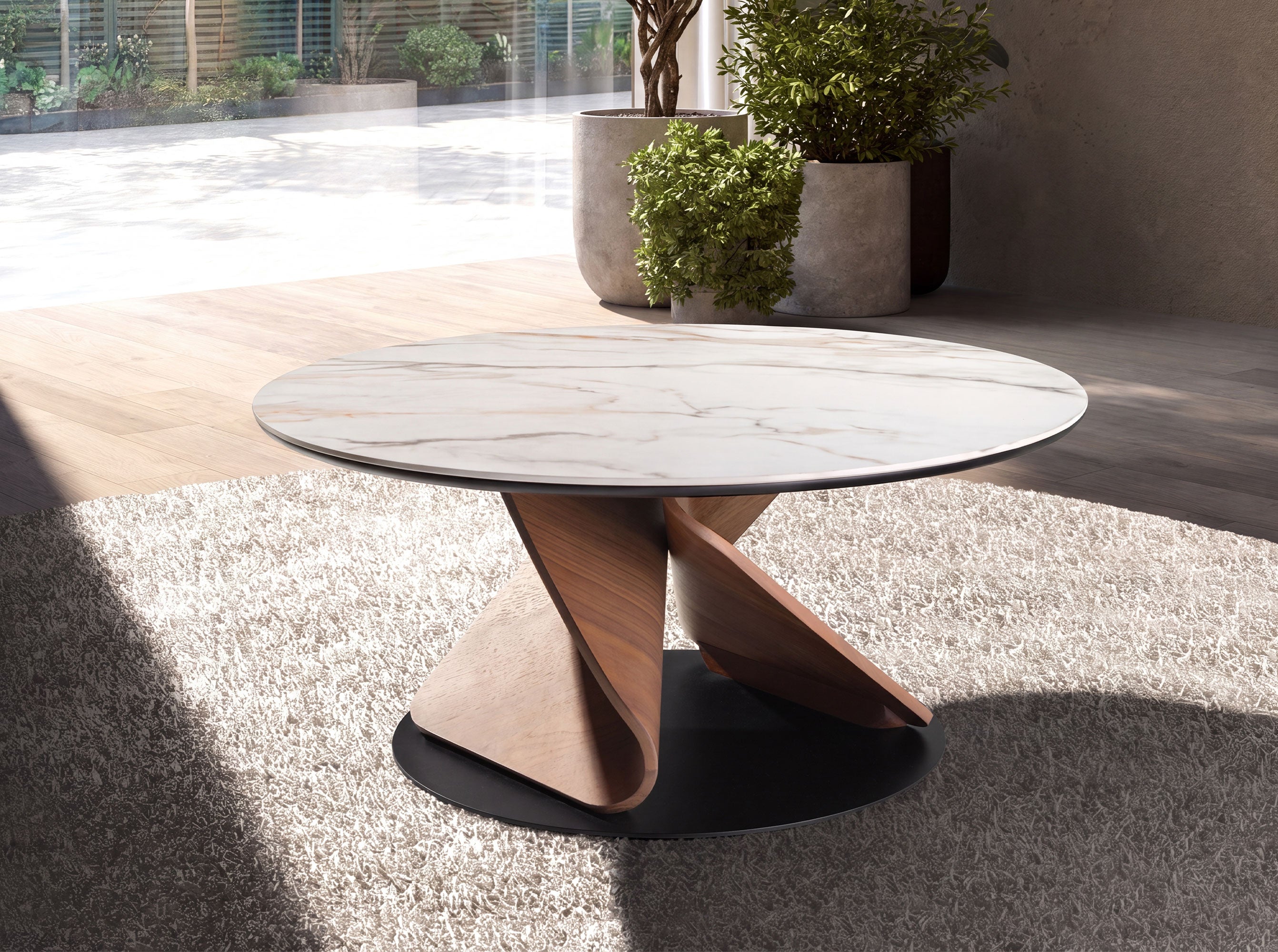 Round Porcelain Marble, Walnut and Black Steel Coffee Table