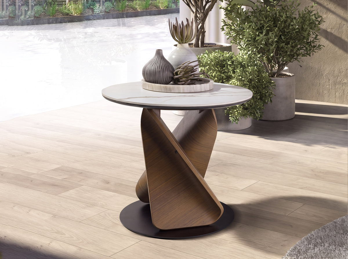 Round Porcelain Marble, Walnut and Black Steel Side Table