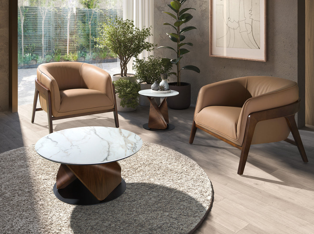Round Porcelain Marble, Walnut and Black Steel Side Table