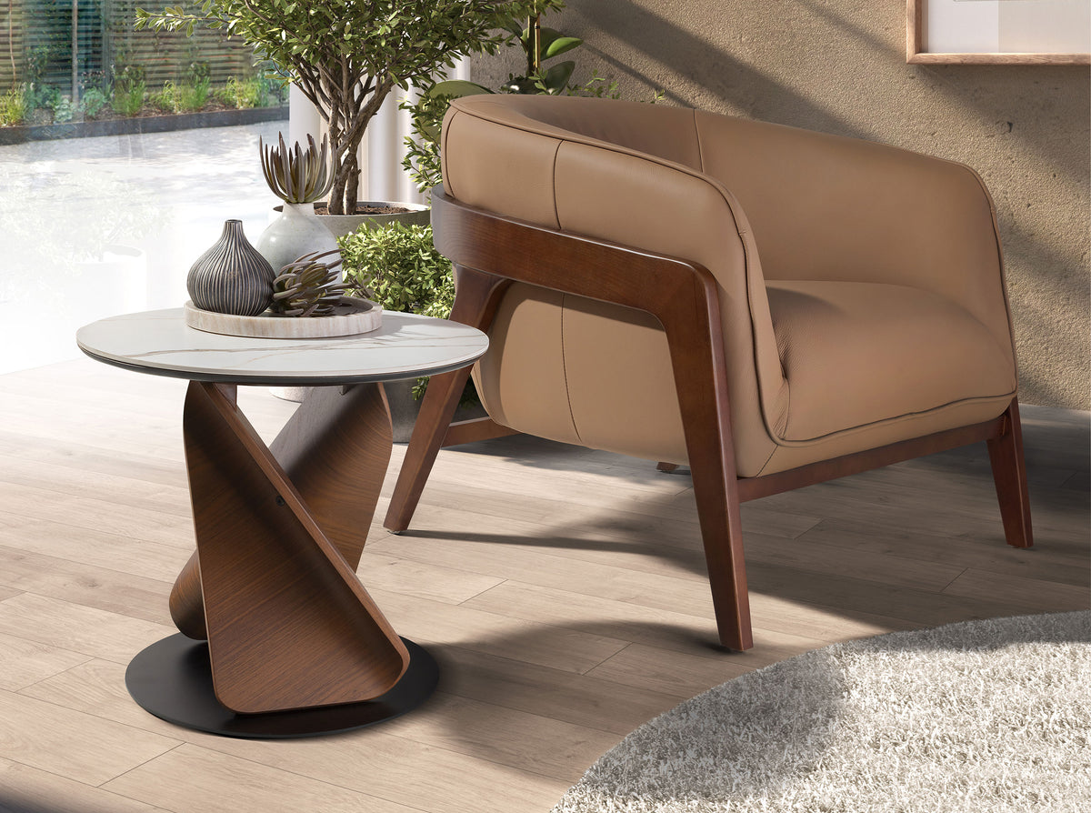 Round Porcelain Marble, Walnut and Black Steel Side Table