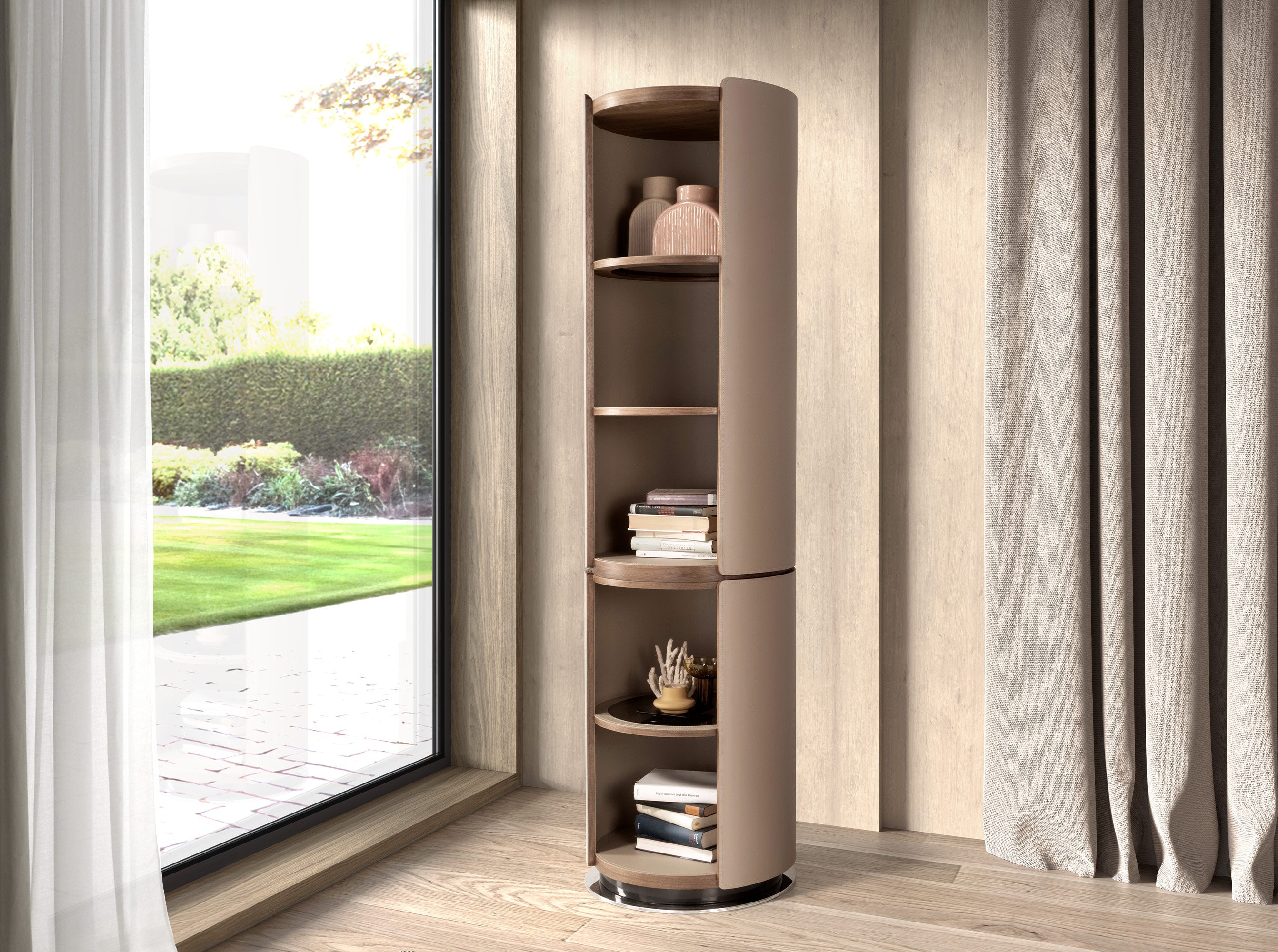 Walnut and mink leatherette shelf