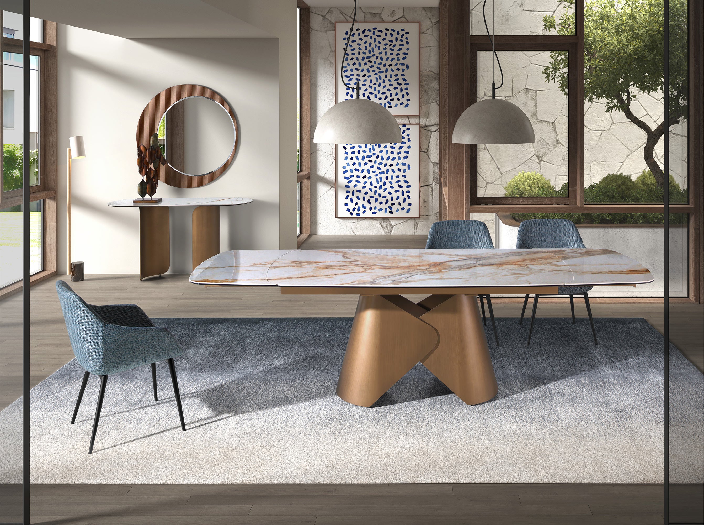 Oval half-round console table in porcelain marble and bronze-coloured steel