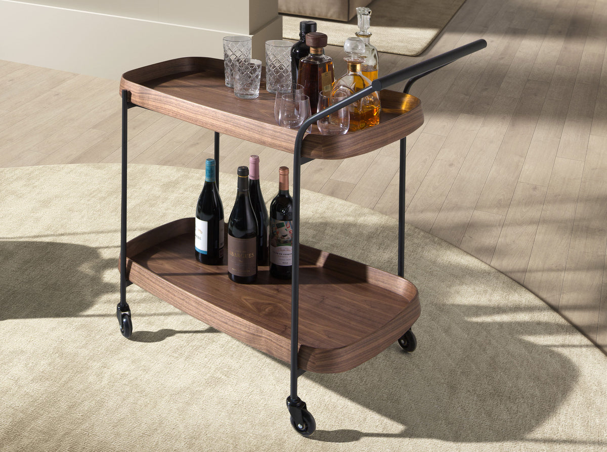 Walnut minibar trolley with black steel