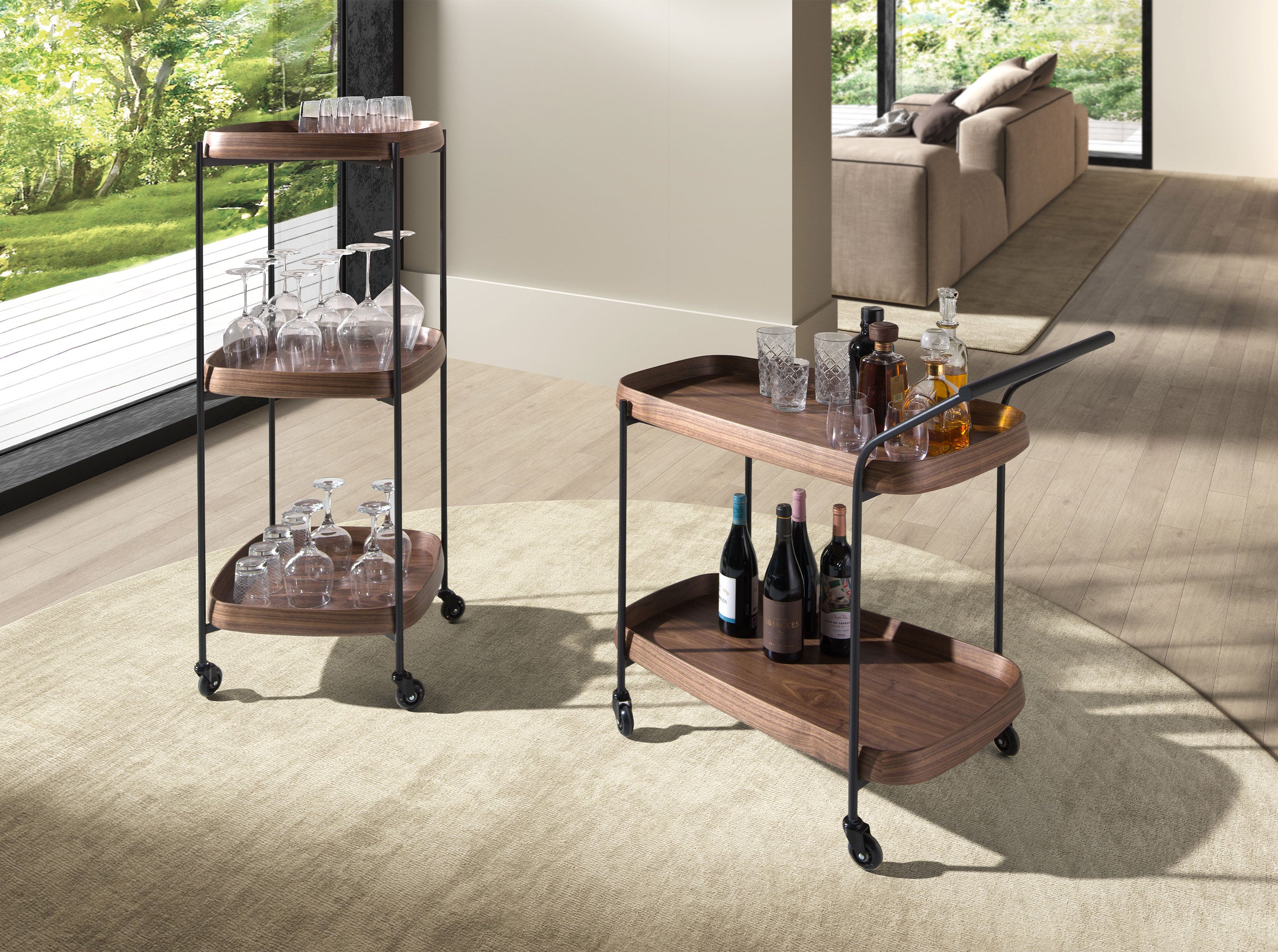 Walnut minibar trolley with black steel